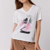 Biały bawełniany t-shirt z nadrukiem dekolt w szpic