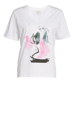 Biały bawełniany t-shirt z nadrukiem dekolt w szpic