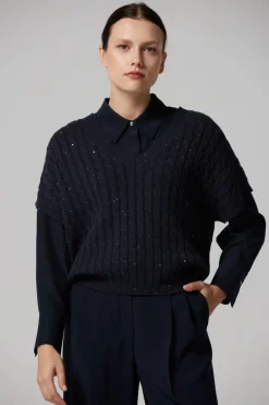Granatowy sweter z dekoltem w szpic